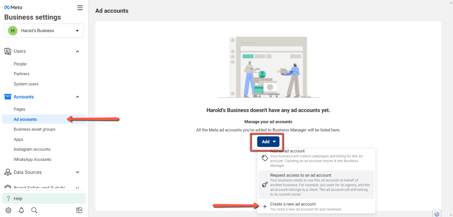 Create New Ad Account Dropdown