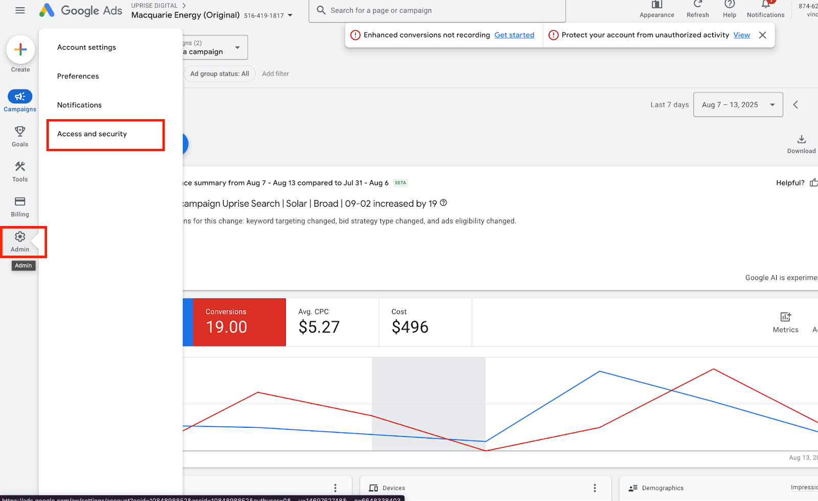 Google Ads Access and Security navigation