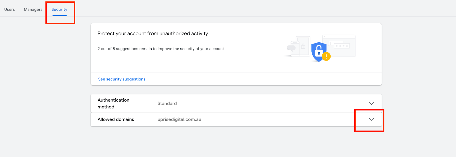 Google Ads Security Allowed Domains settings